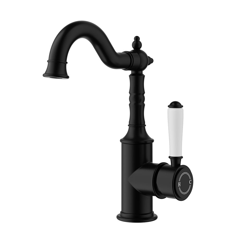 Clasico Basin Mixer with Ceramic White Handle Matte Black - HYB868-202A-MB - Bathroom Hub