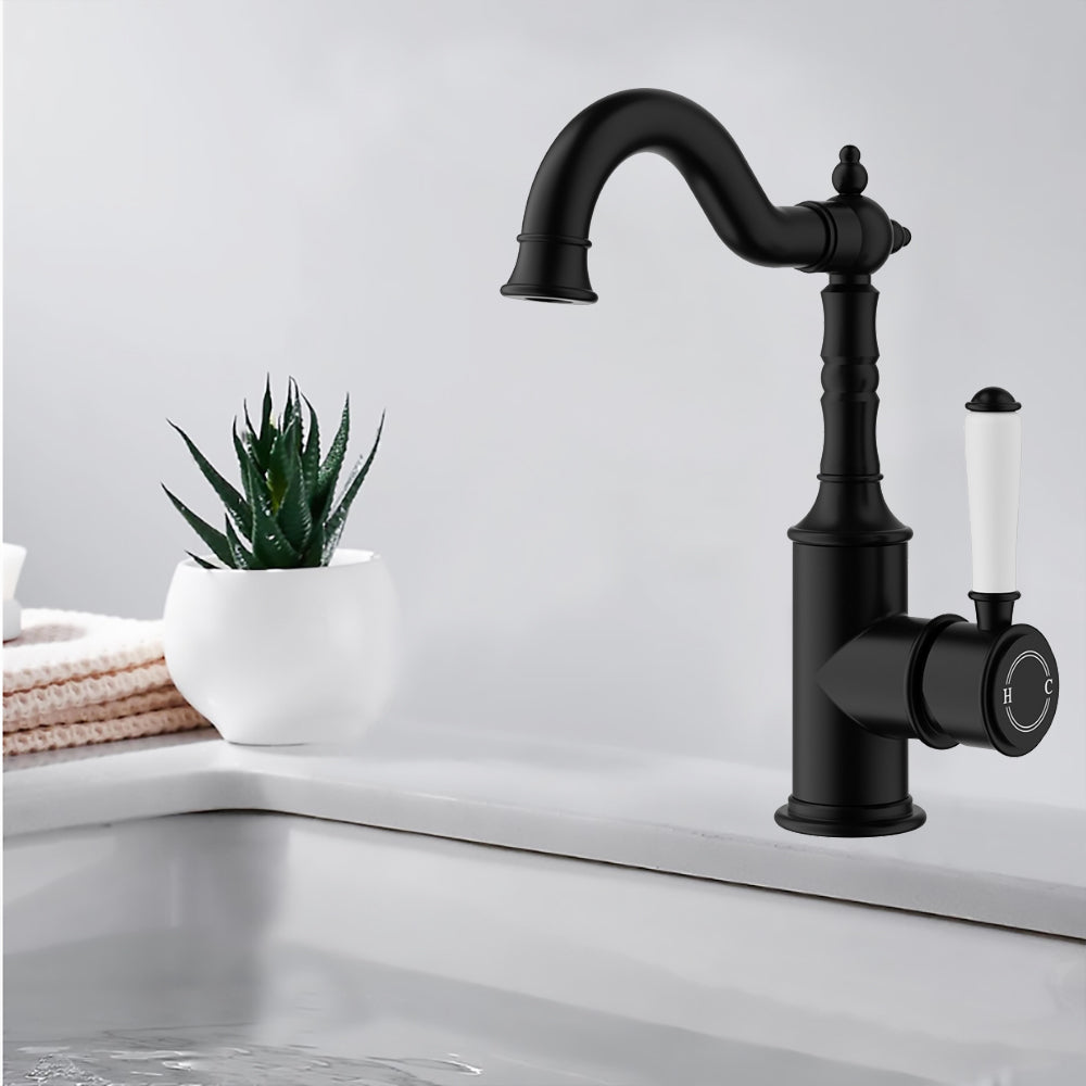 Clasico Basin Mixer with Ceramic White Handle Matte Black - HYB868-202A-MB - Bathroom Hub