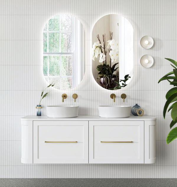 Curved Shaker Wall Hung Matt White Double Bowel Vanity Unit 1200mm