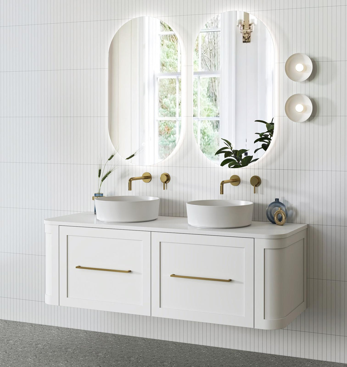 Curved Shaker Wall Hung Matt White Double Bowl Vanity Unit 1200mm WH24221D-1200_MW - Bathroom Hub