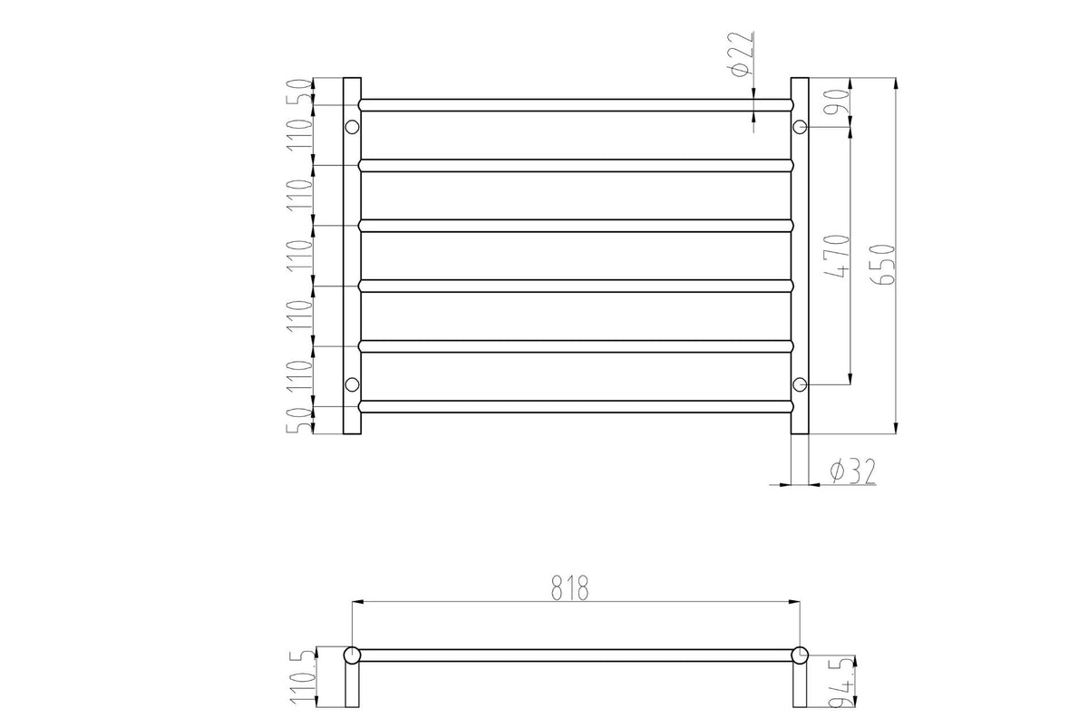 Allegra 6 Bar Wide Heated Towel Rail JY-3306-MB - Bathroom Hub