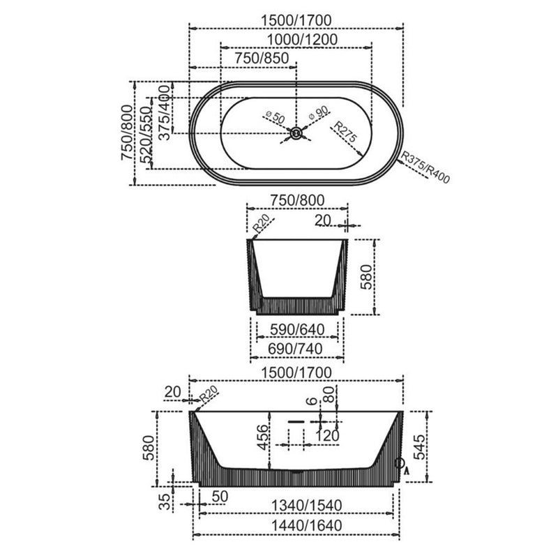 1700mm Newington Designer H Groove Matt White Freestanding Bath