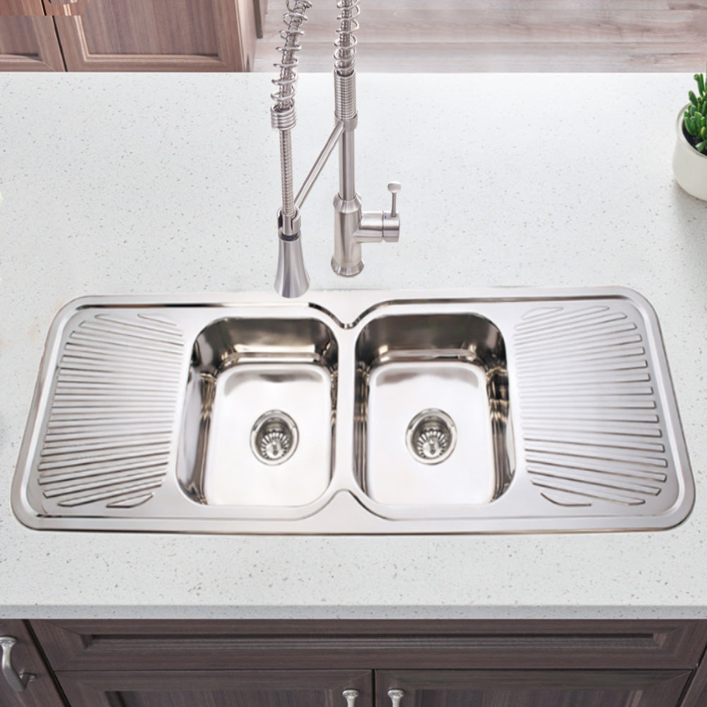 Cora Double Bowl & Double Drainer Kitchen Sink 1500 x 500mm P-1500 - Bathroom Hub