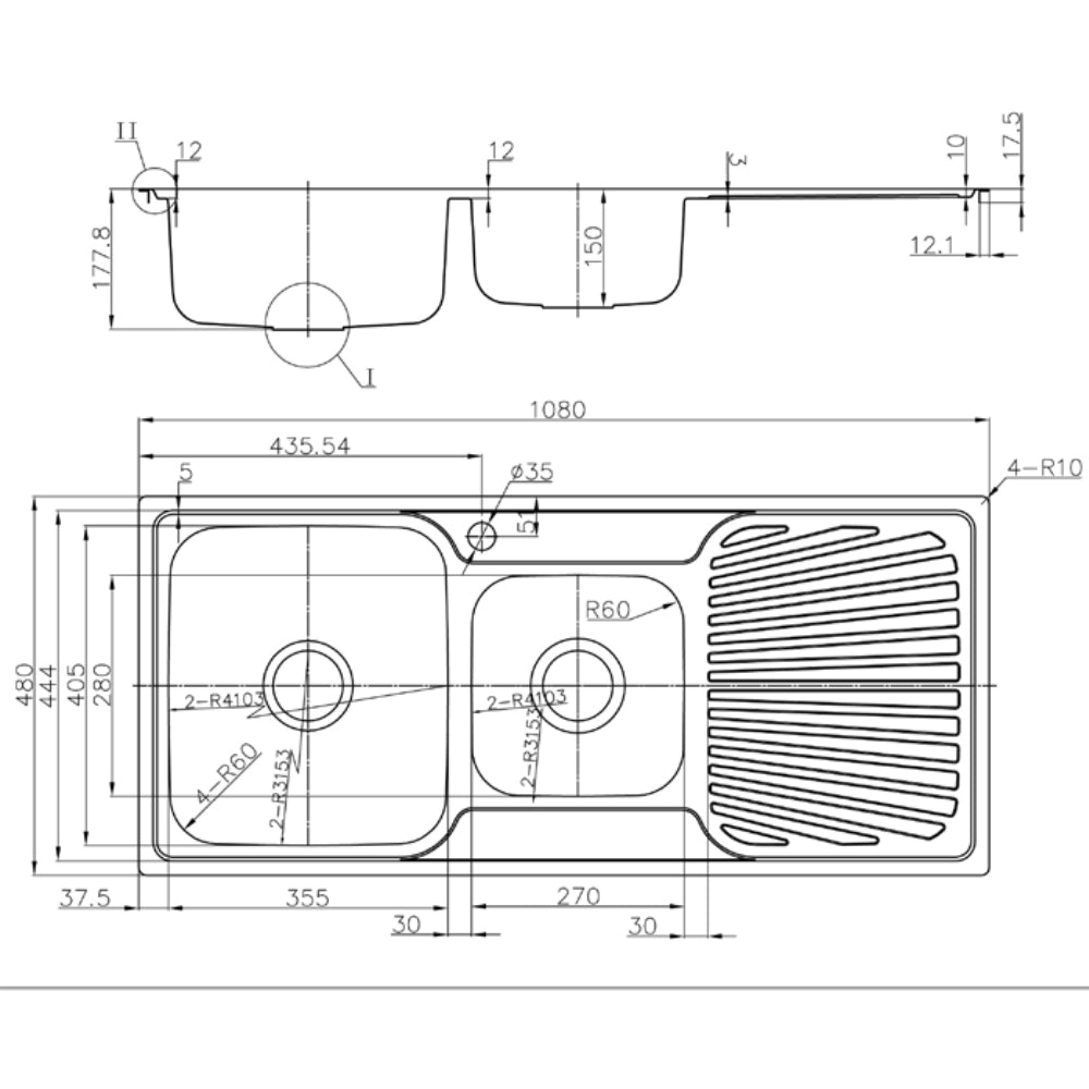 Otus 1 & 1/2 Bowl & Single Drainer Kitchen Sink 1180 x 480mm P0010848-2LHB - Bathroom Hub