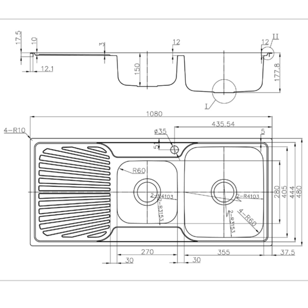 Otus 1 & 1/2 Bowl & Single Drainer Kitchen Sink 1180 x 480mm P0010848-2RHB - Bathroom Hub