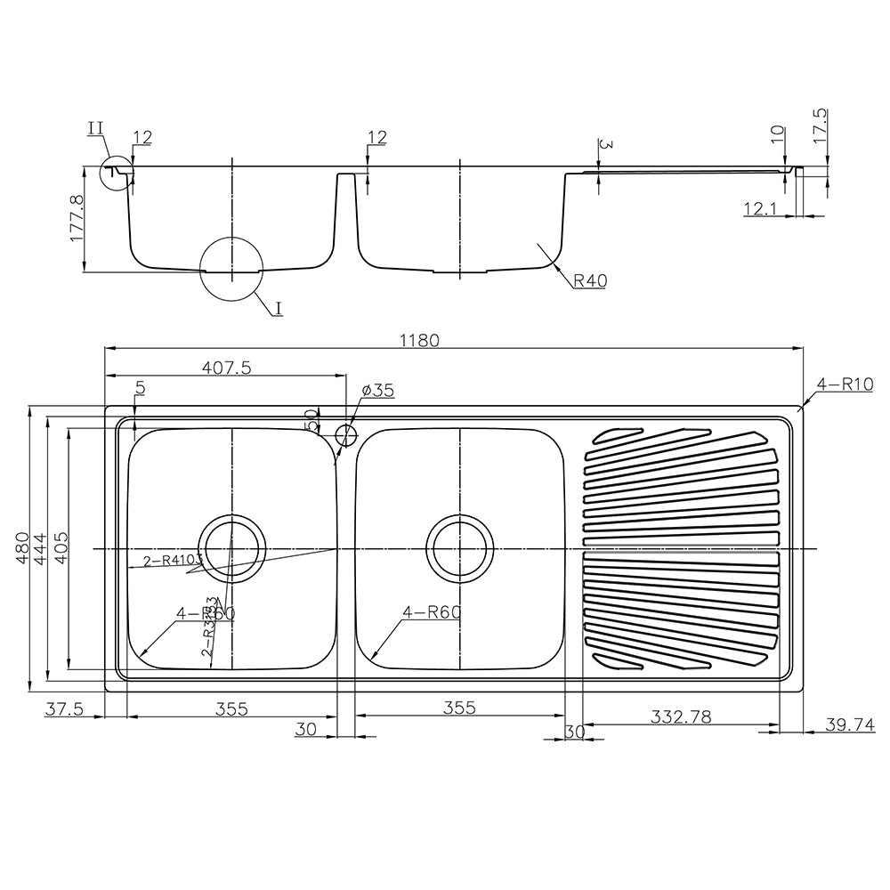 Otus Double Bowl & Single Drainer Kitchen Sink 1180 x 480mm P0011848-2LHB - Bathroom Hub