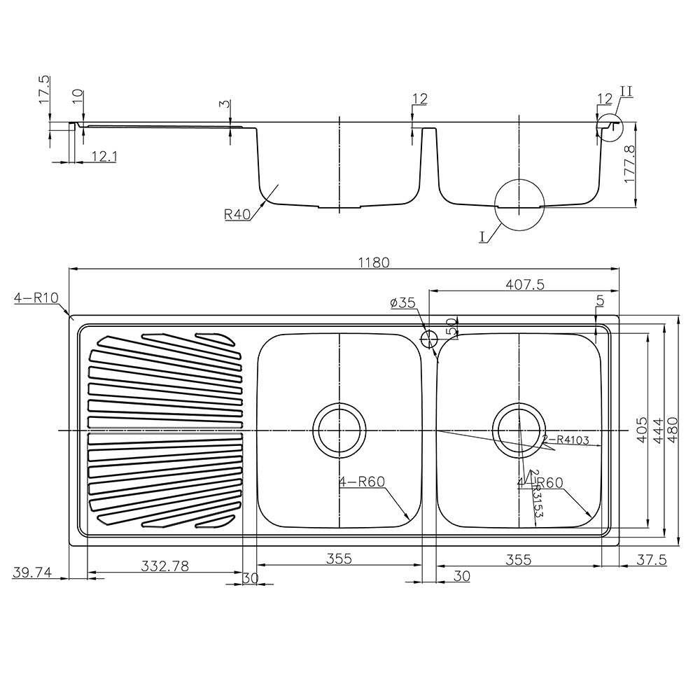 Otus Double Bowl & Single Drainer Kitchen Sink 1180 x 480mm P0011848-2RHB - Bathroom Hub