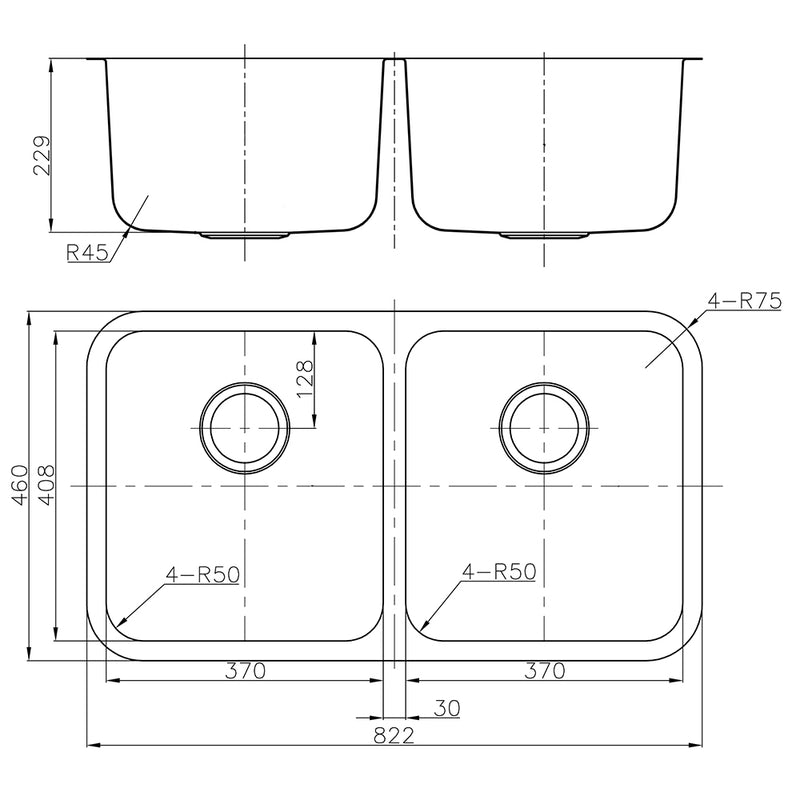 Otus Double Bowl Undermount Sink 822 x 460mm P002020