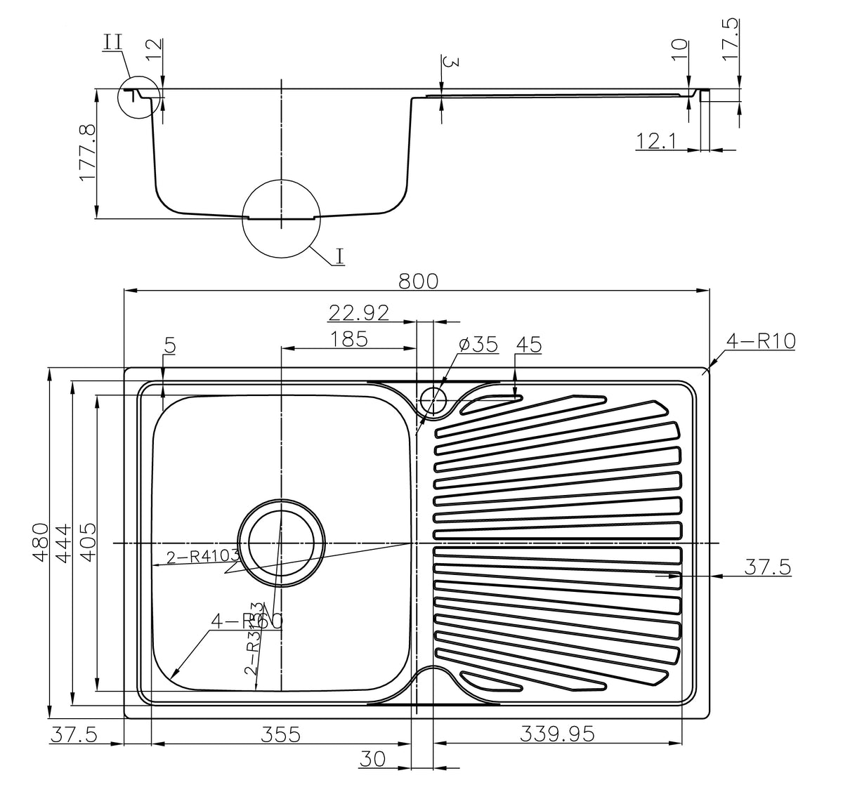 Otus Single Bowl & Drainer Kitchen Sink 800 x 480mm P008048-2LHB - Bathroom Hub