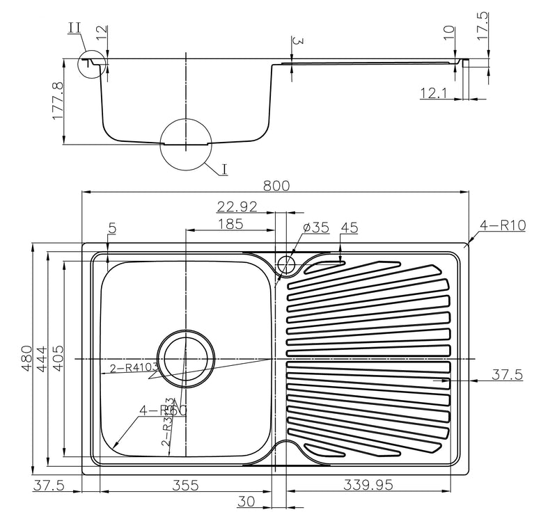 Otus Single Bowl & Drainer Kitchen Sink 800 x 480mm P008048-2LHB