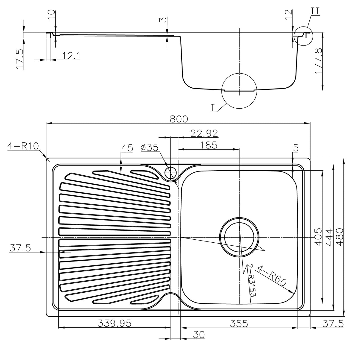 Otus Single Bowl & Drainer Kitchen Sink 800 x 480mm P008048-2RHB - Bathroom Hub