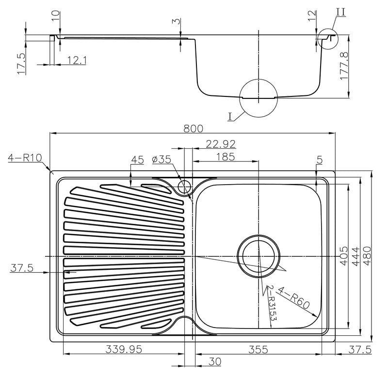 Otus Single Bowl & Drainer Kitchen Sink 800 x 480mm P008048-2RHB