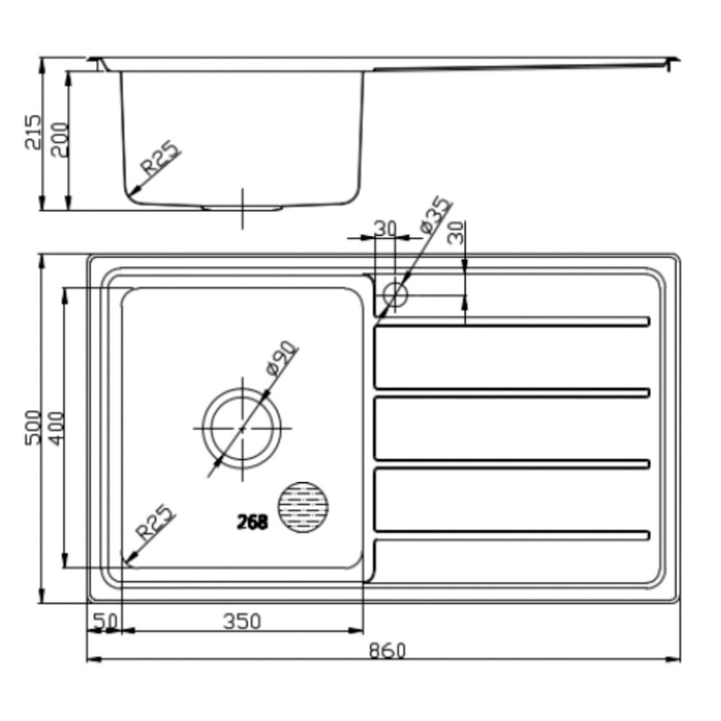 Seto Single Bowl & Single Drainer Kitchen Sink 860 x 500mm P5347N-LHB