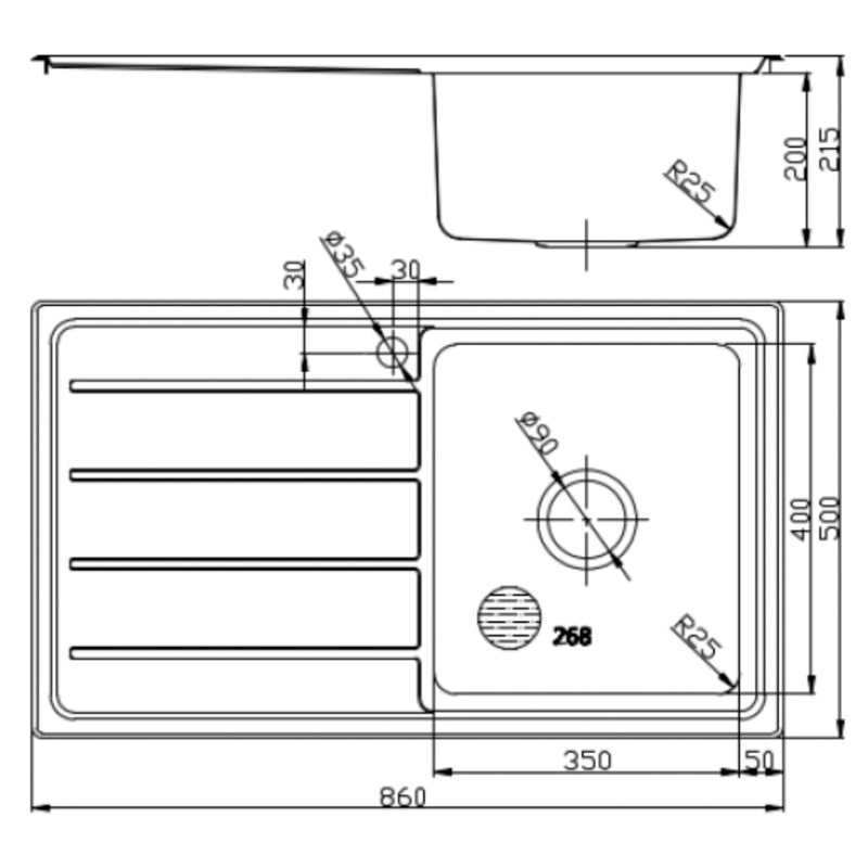 Seto Single Bowl & Single Drainer Kitchen Sink 800 x 500mm P5347N-RHB