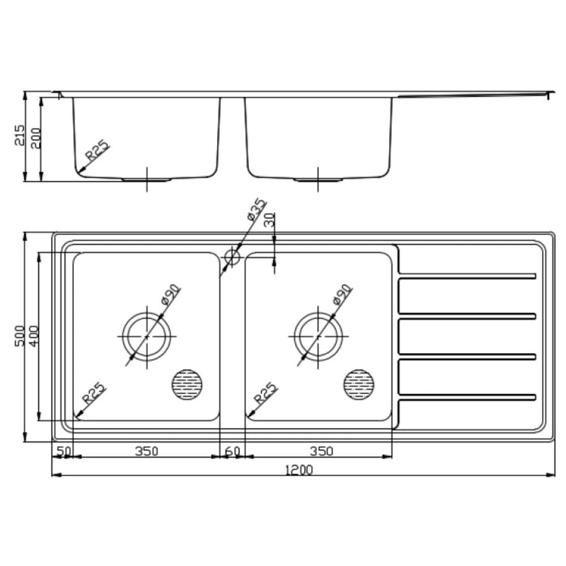 Seto Double Bowl & Single Drainer Kitchen Sink 1200 x 500mm P5355N-LHB