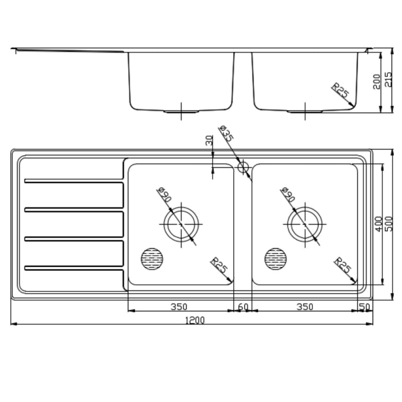 Seto Double Bowl & Single Drainer Kitchen Sink 1200 x 500mm P5355N-RHB