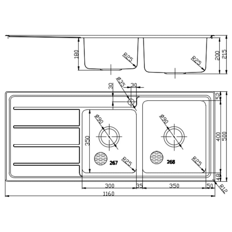 Seto 1 & 3/4 Bowl & Single Drainer Kitchen Sink 1160 x 500mm P5361N-RHB