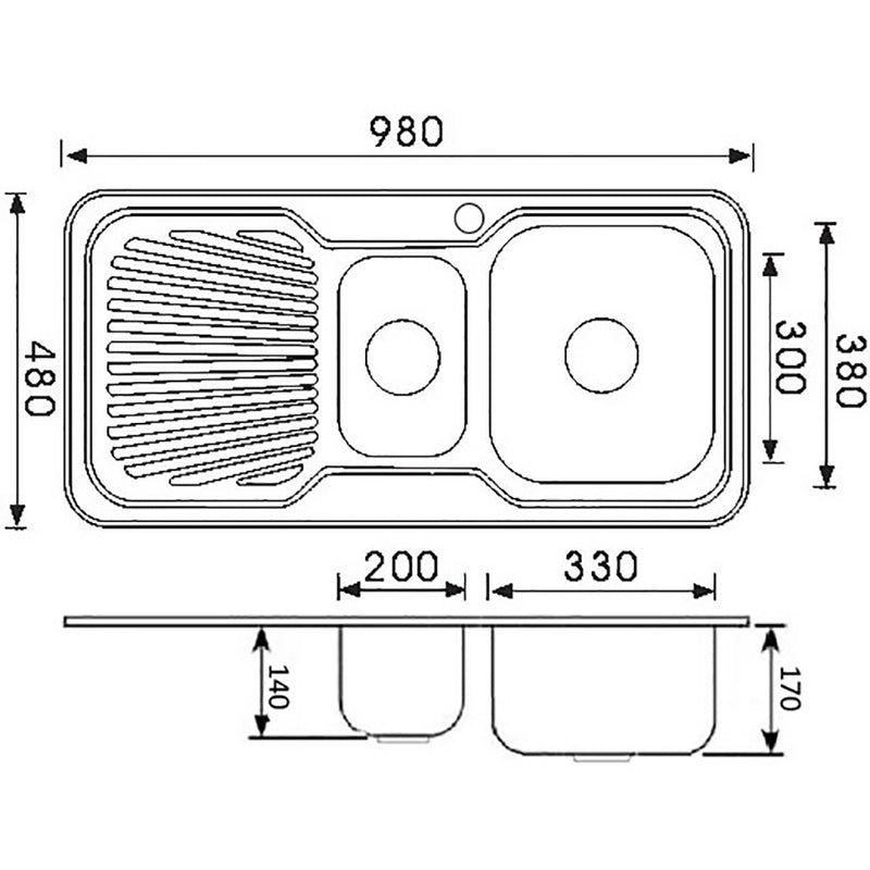 Cora 1 & 1/2 Bowl & Single Drainer Kitchen Sink 980 x 480mm P980RHB