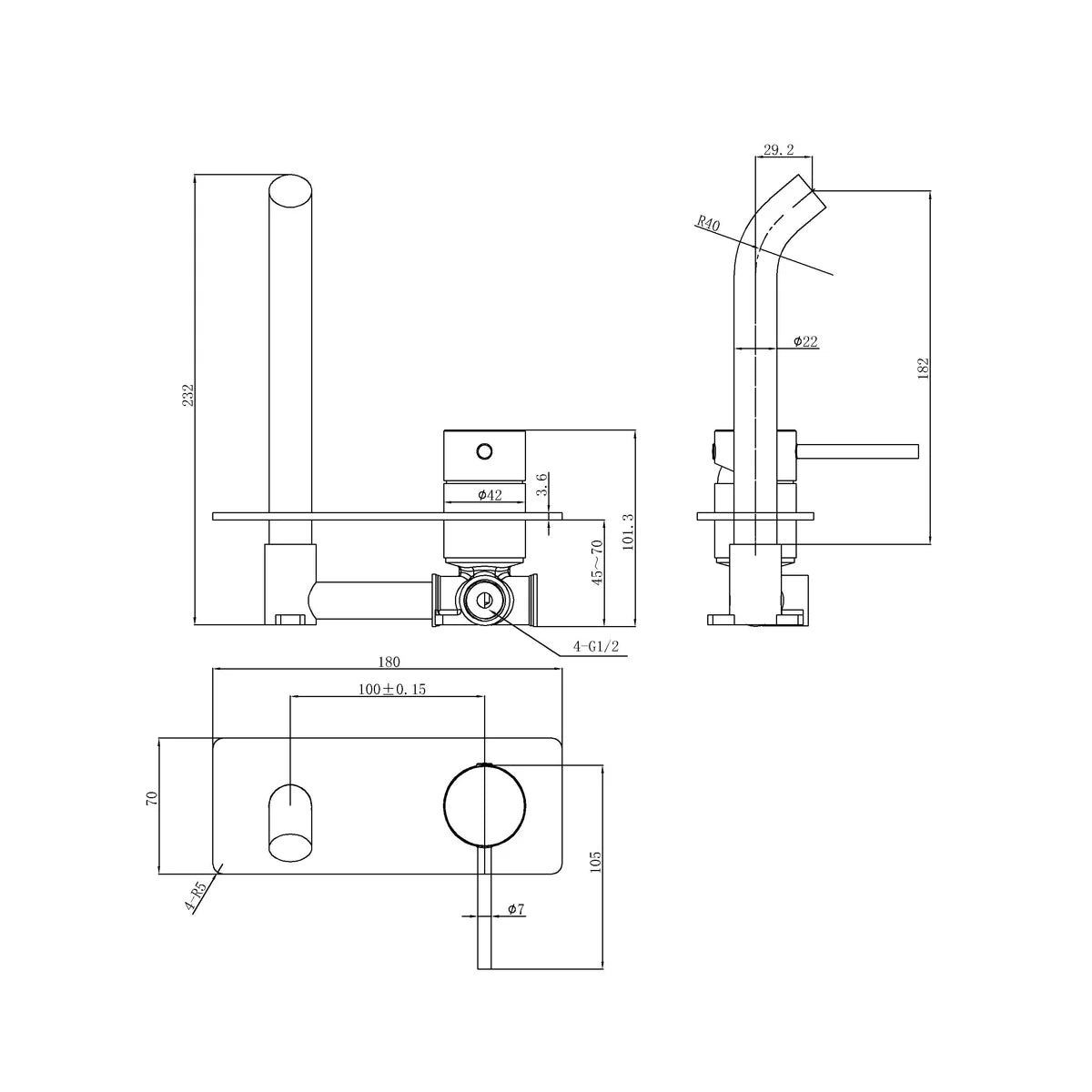 Otus Slimline Wall Basin Mixer Level Up Trim Kit Gunmetal PLC3003SS-LU-TK-GM