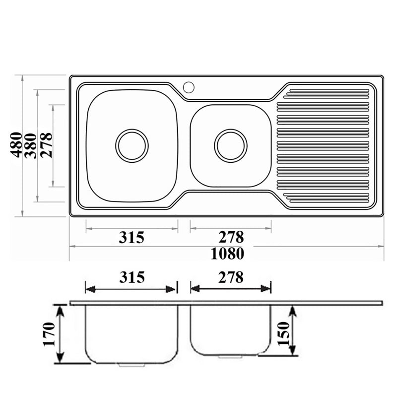 Eden 1 & 3/4 Bowl & Single Drainer Kitchen Sink 1080 x 480mm PN1080ALHB