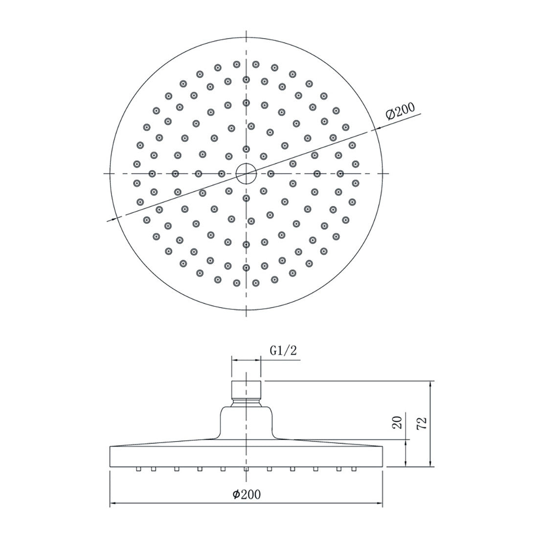 Otus Round Plastic Shower Head Brushed Nickel  200mm PRP1052N-BN