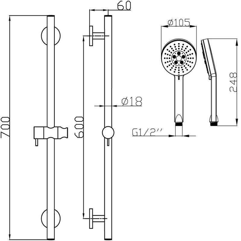 Otus Sliding Shower Rail Matt Black PSH039-B