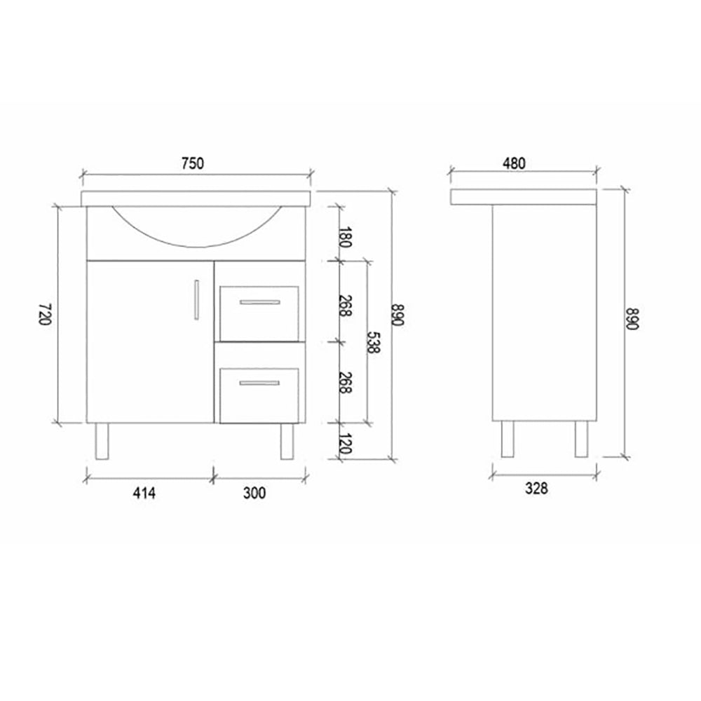 Semi-Recessed Freestanding White Bathroom Vanity SR750R - Bathroom Hub
