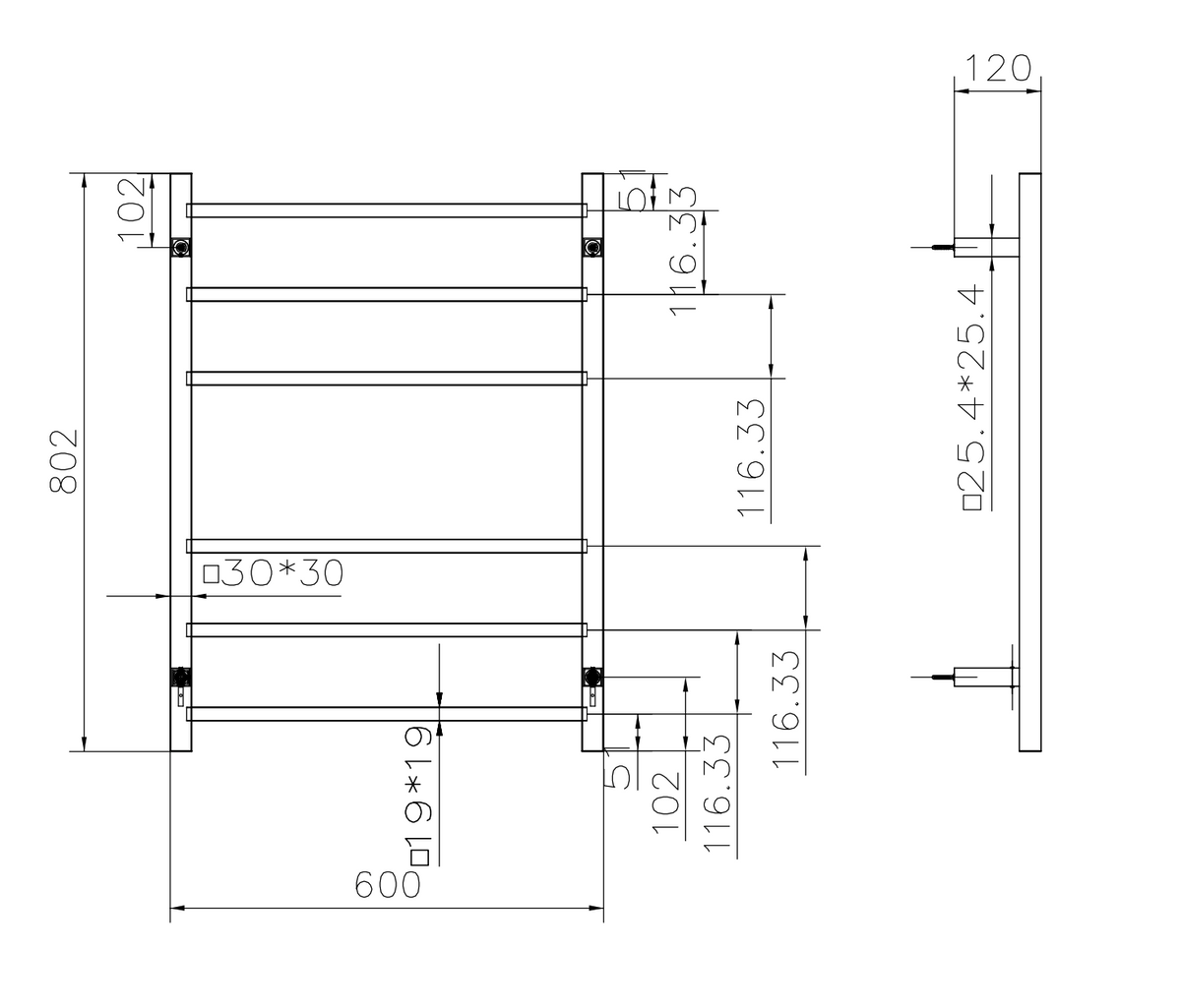 Spirit 6 Bar Heated Towel Rail JY-S600-GM - Bathroom Hub