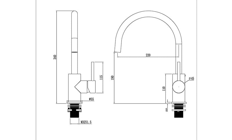 Technical drawing of a faucet with dimensions and specifications