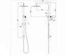 Technical drawing of a shower system with dimensions and specifications.