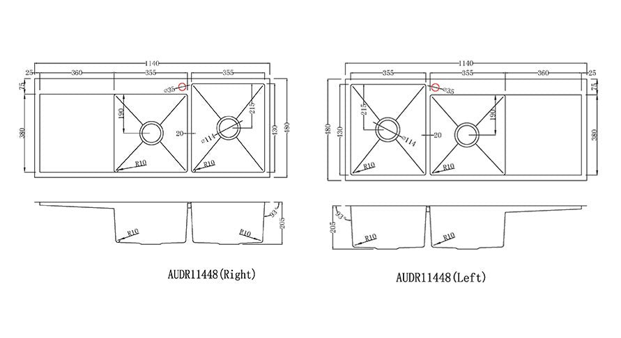Handmade Stainless Steel Kitchen Sink Double Bowls with Drainer (114cm x 48cm) - HMDBD11448THR - Bathroom Hub