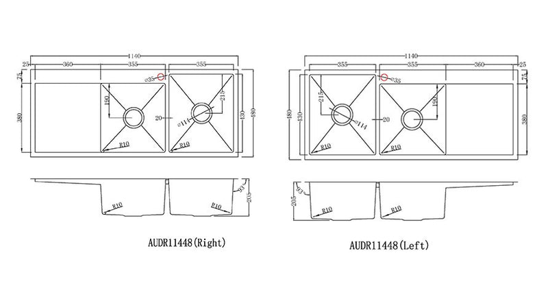 Handmade Stainless Steel Kitchen Sink Double Bowls with Drainer (114cm x 48cm) - HMDBD11448THR