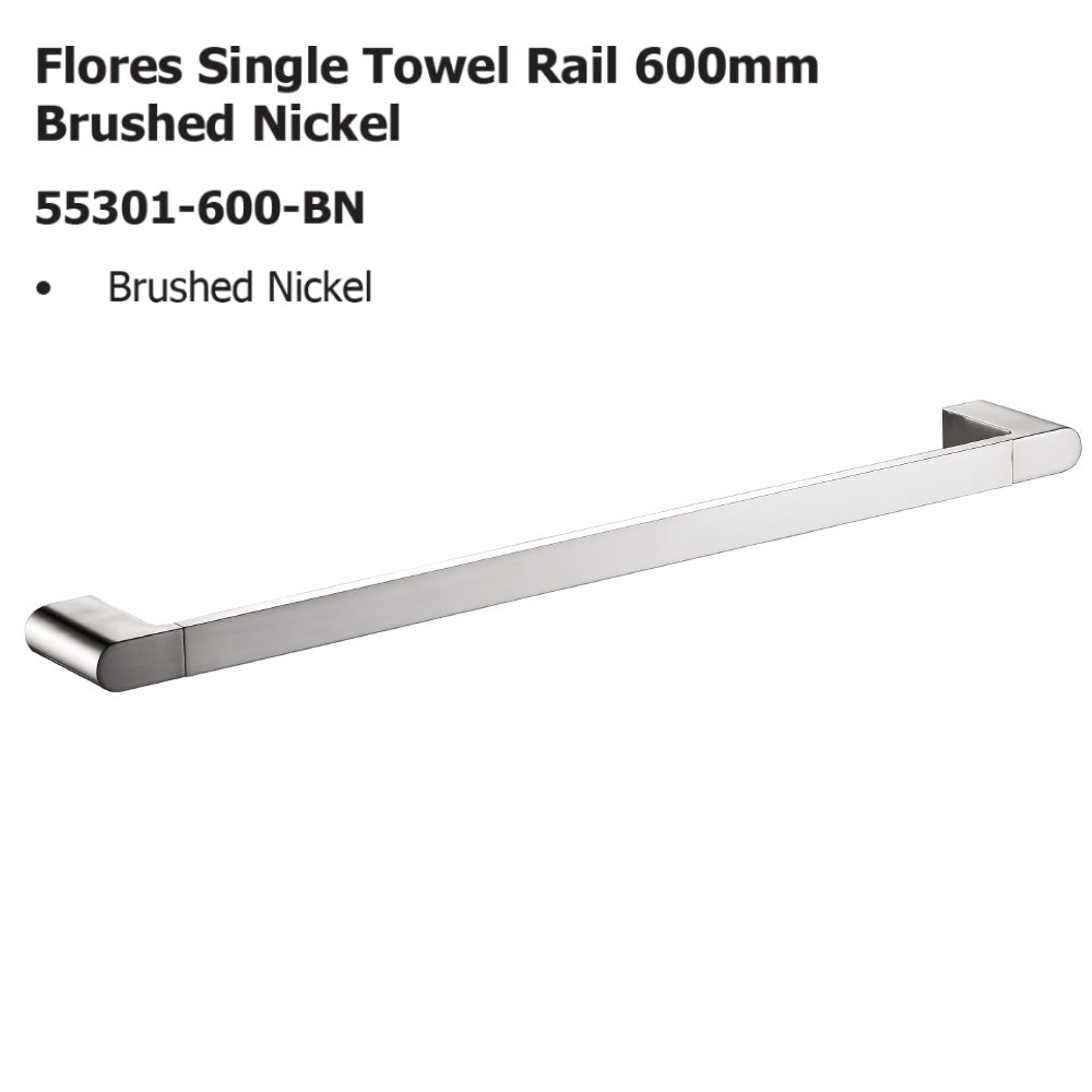 Flores Single Towel Rail 600mm Brushed Nickel 55301-600-BN - Bathroom Hub