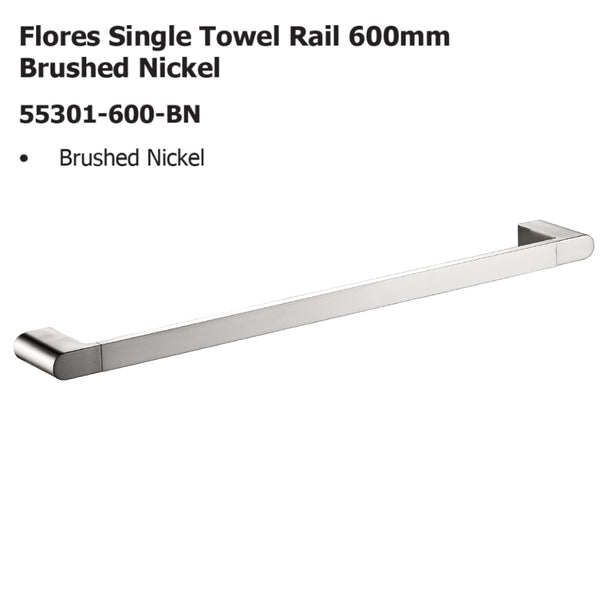 Flores Single Towel Rail 600mm brushed nickle 55301-600-BN