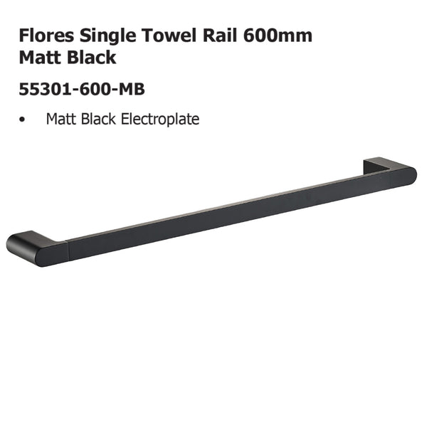 Flores Single Towel Rail 600mm Matt Black 55301-600-MB