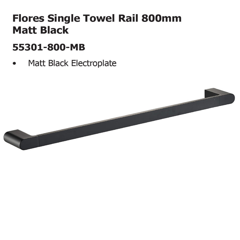 Flores Single Towel Rail 800mm Matt Black 55301-800-MB