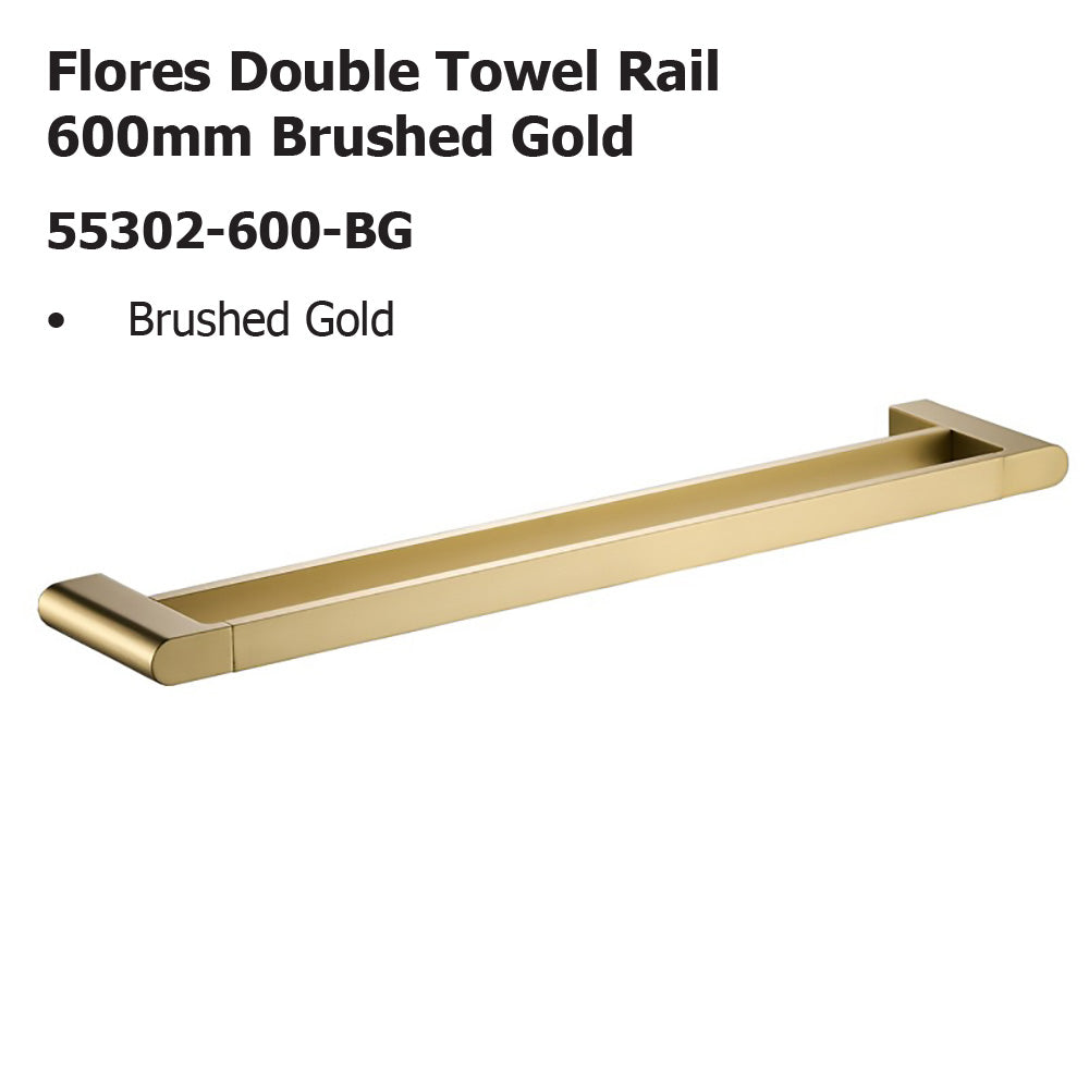 Flores Double Towel Rail 600mm Brushed Gold 55302-600-BG