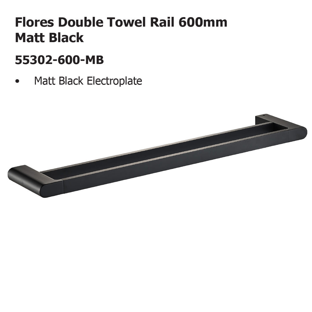 Flores Double Towel Rail 600mm Matt Black 55302-600-MB - Bathroom Hub