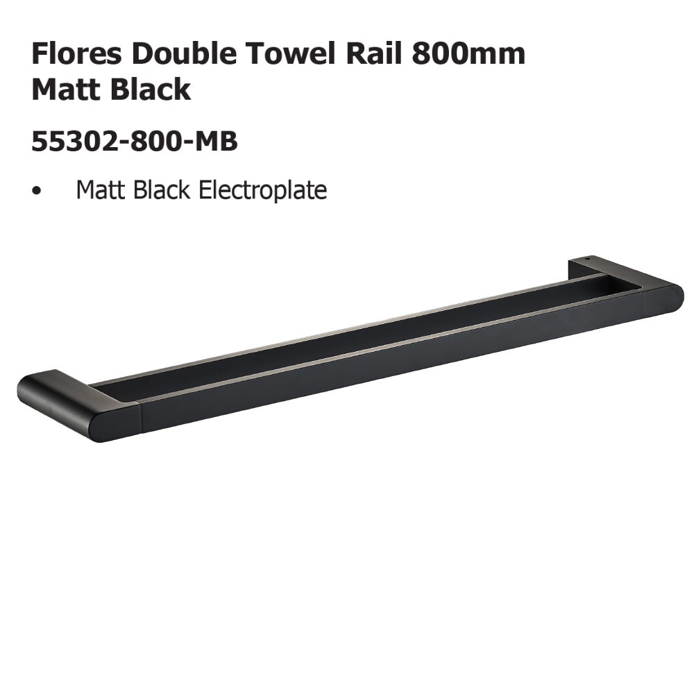 Flores Double Towel Rail 800mm Matt Black 55302-800-MB - Bathroom Hub