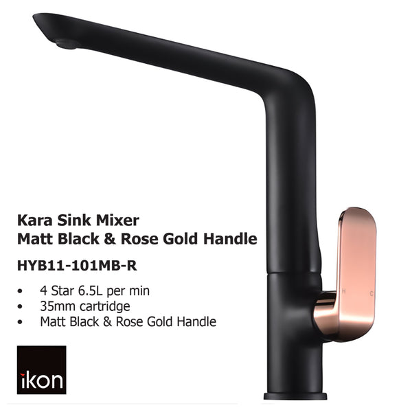 Kara Sink Mixer Matt Black & Rose Gold Handle HYB11-101MB-R - Bathroom Hub