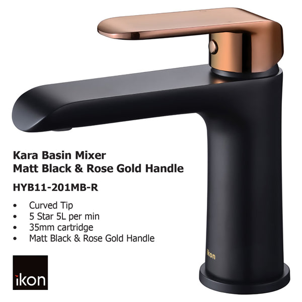 Kara Basin Mixer Matt Black & Rose Gold Handle HYB11-201MB-R - Bathroom Hub