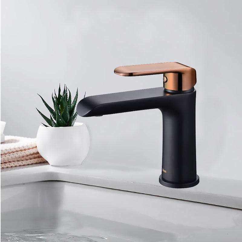 Kara Basin Mixer Matt Black & Rose Gold Handle HYB11-201MB-R - Bathroom Hub