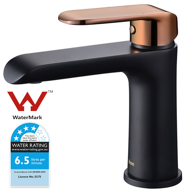 Kara Basin Mixer Matt Black & Rose Gold Handle HYB11-201MB-R - Bathroom Hub