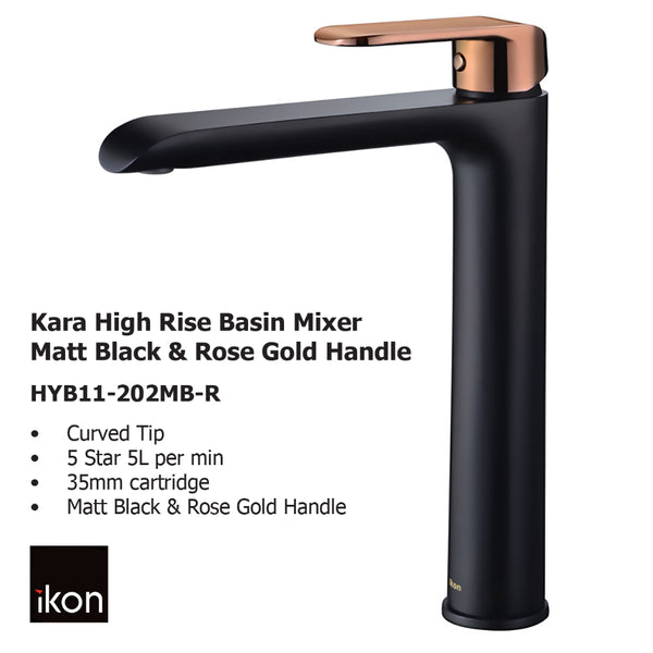 Kara High Rise Basin Mixer Matt Black & Rose Gold Handle HYB11-202MB-R - Bathroom Hub