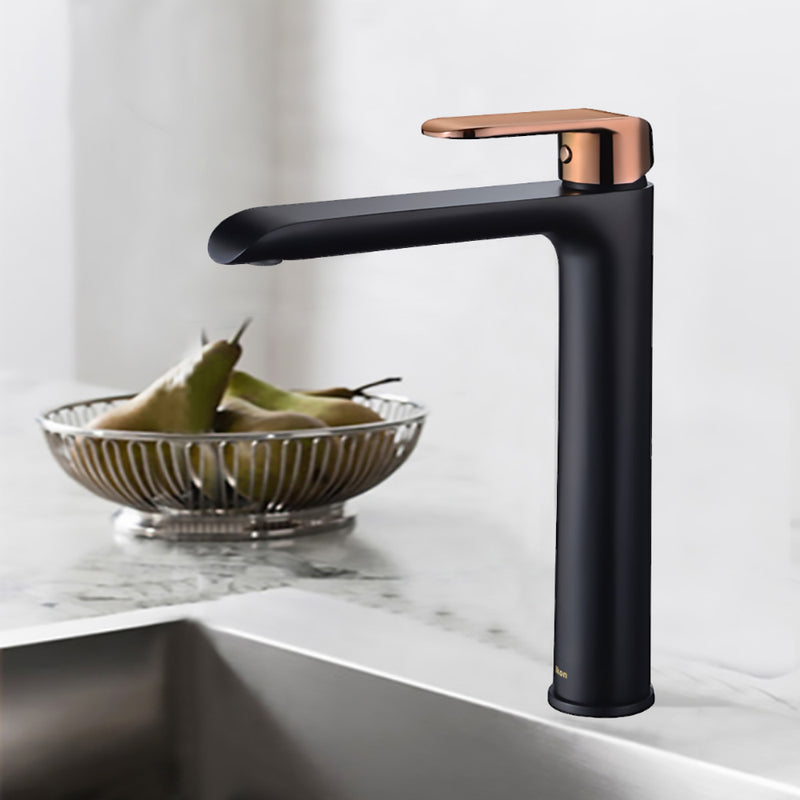 Kara High Rise Basin Mixer Matt Black & Rose Gold Handle HYB11-202MB-R - Bathroom Hub