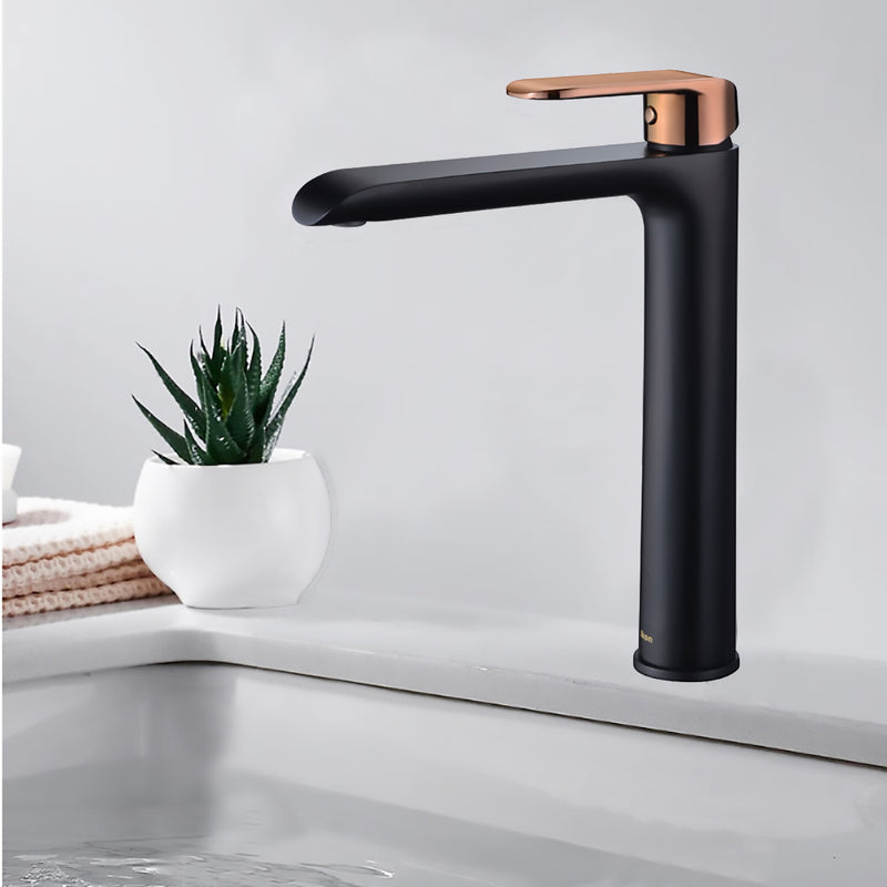 Kara High Rise Basin Mixer Matt Black & Rose Gold Handle HYB11-202MB-R - Bathroom Hub