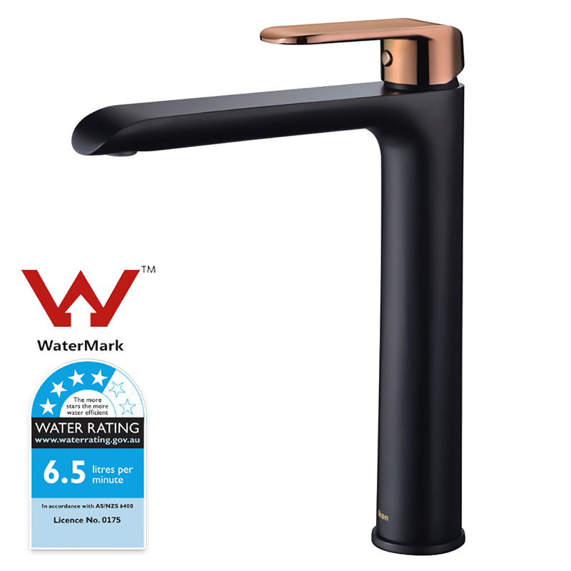 Kara High Rise Basin Mixer Matt Black & Rose Gold Handle HYB11-202MB-R - Bathroom Hub