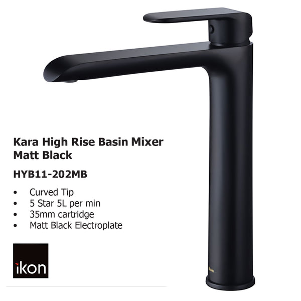 Kara High Rise Basin Mixer Matt black HYB11-202MB - Bathroom Hub