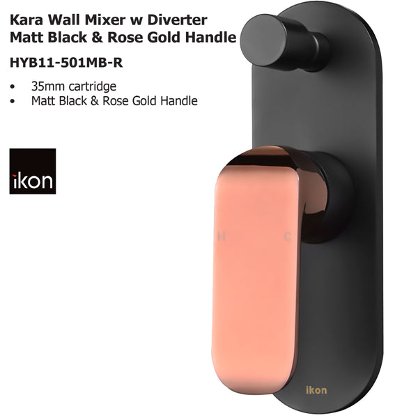 Kara Wall Mixer with Diverter Matt Black & Rose Gold Handle HYB11-501MB-R - Bathroom Hub
