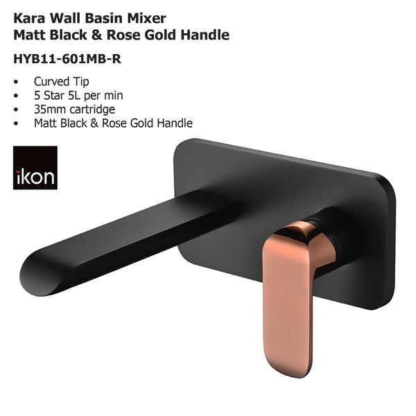 Kara Wall Basin Mixer Matt Black & Rose Gold Handle HYB11-601MB-R - Bathroom Hub